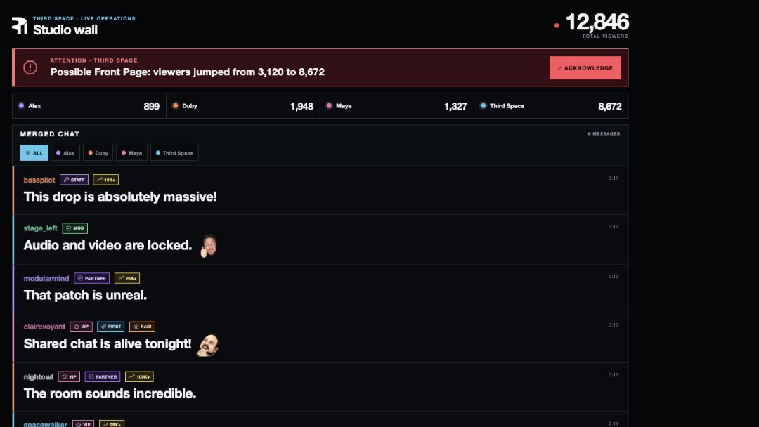 Third Space Connect studio wall showing merged chat across four demo Twitch channels