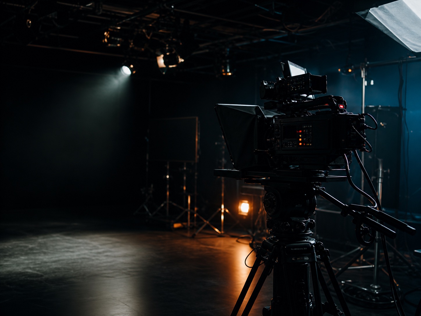 Atmospheric concept image of a camera in a dark live-production studio
