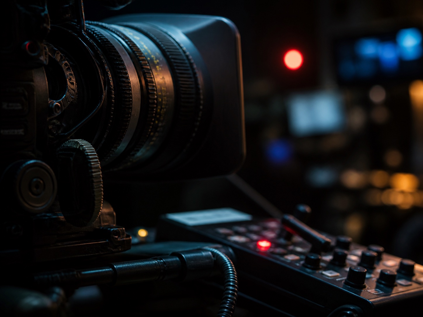 Atmospheric concept image of a cinema lens and live-production controls