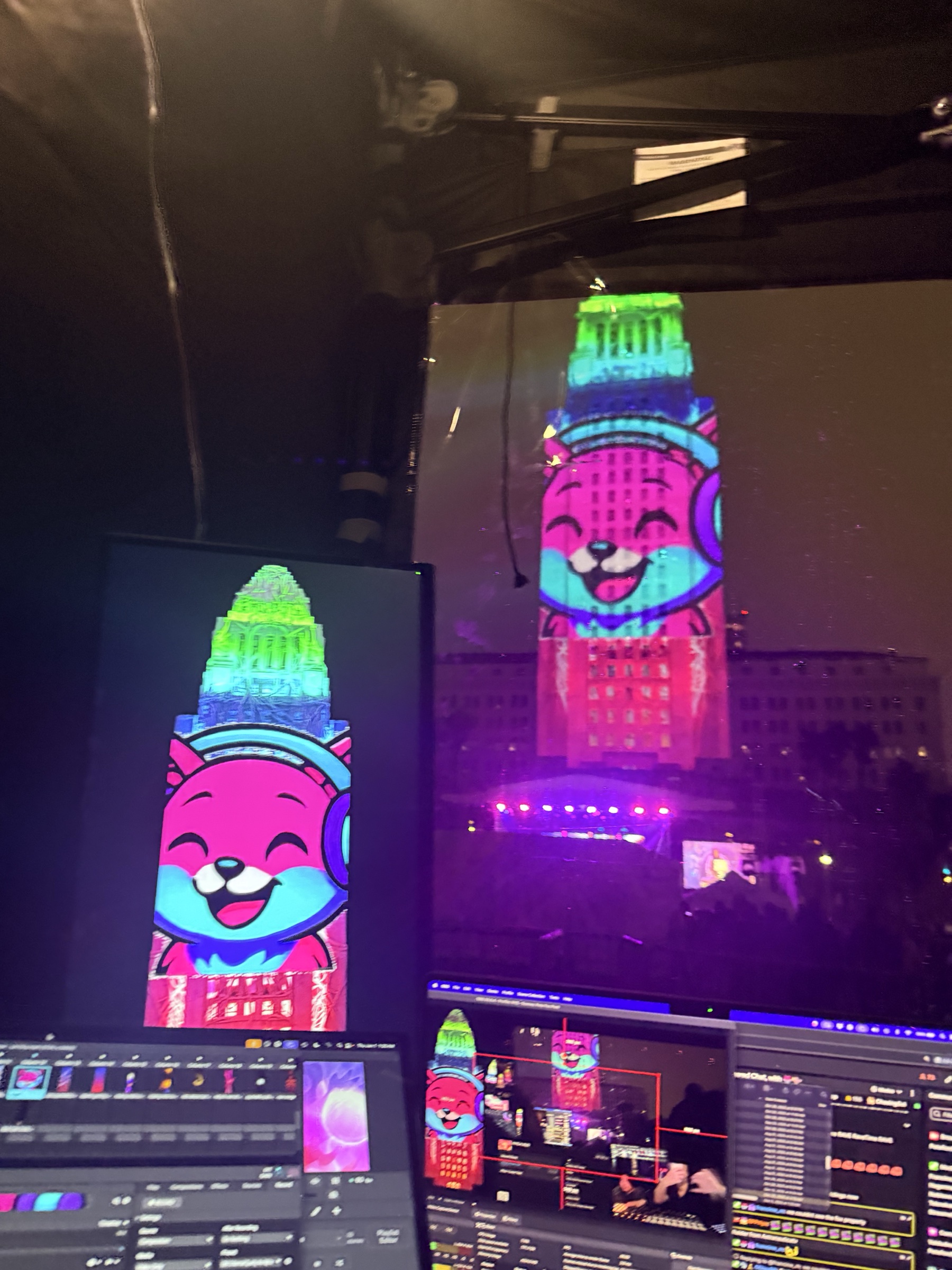 Los Angeles City Hall covered in colorful projection-mapped animation during the 2025 New Year's Eve production
